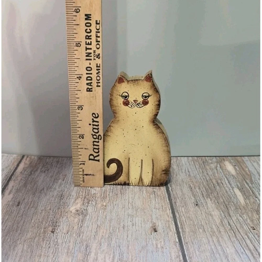 Vintage Cottagecore Decor Wooden Cat Figurine Small Handmade And Handpainted...